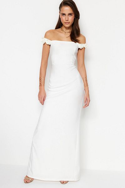 Trendyol Collection Πλεκτό αξεσουάρ γάμου με φόδρα εκρού/Nikah μακρύ βραδινό φόρεμα TPRSS23AE00044