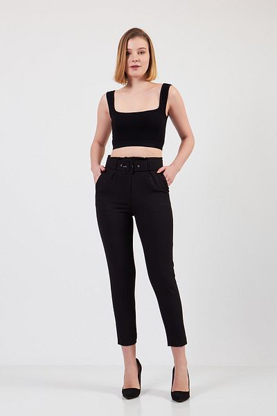 Volanlı Belted Black Carrot Trousers