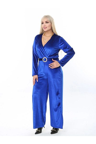 ViolettaXL Női nagy méretű csatos öves duplasoros nyakkivágású rugalmas bársony jumpsuit