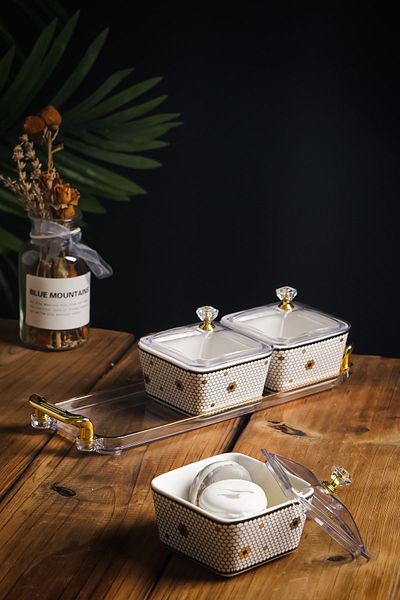 Vadi 3-Piece Emillia Porcelain Luxury Square Breakfast Storage Container Cookie Jam Breakfast 3-Piece Presentation Plate
