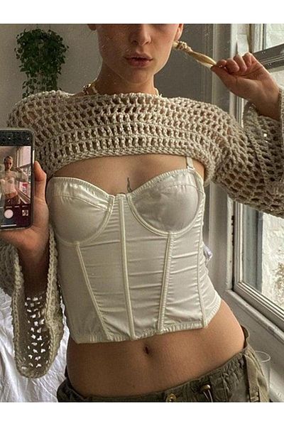 Favorim50ton Crop Top aus Strick – Langarm-Bolero-Strick-Bustier