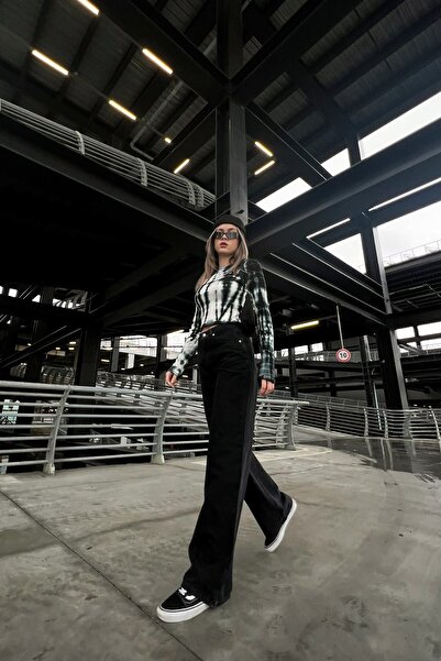 MAKRAS EXCLUSIVE Milano Ikon 90's Black Lycra Super Extra High Waist Palazzo Loose Jean Trousers