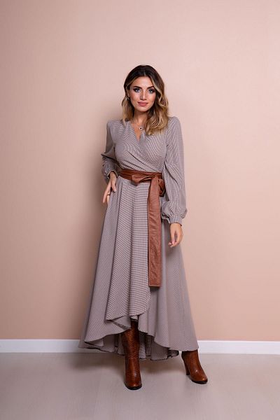 lovebox Women's Flexible Atlas Fabric Asymmetrical Cut Tan Belt Detailed Double Breasted Collar Gray Checked Maxi Dress 210