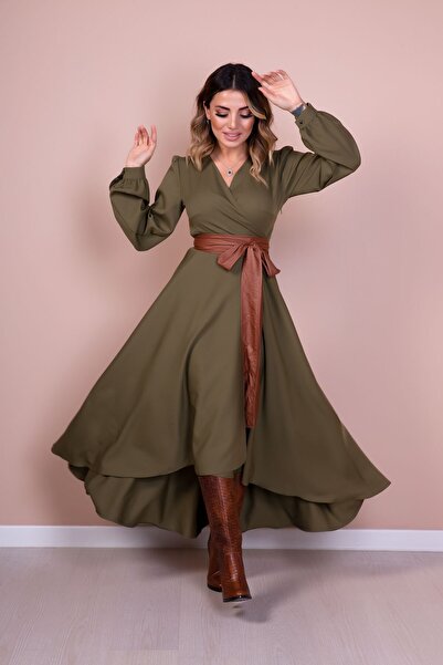 lovebox Women's Flexible Atlas Fabric Asymmetrical Cut Tan Belt Detailed Double Breasted Collar Khaki Maxi Dress 210