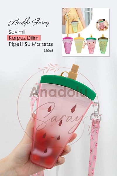 Anadolu Saray Çarşısı Bpa Free Watermelon Slice Water Bottle with Straw - Sports Drink Flask