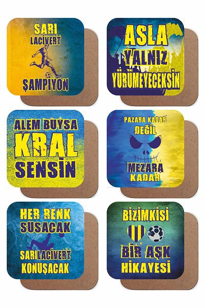 Hayat Poster Yellow Navy Blue Football Team Fan Set of 6 Wooden Coasters Kitchen Decoration