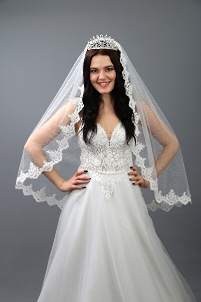 paris in paris طرحة فستان الزفاف دانتيل تول لامع صدفي أوف وايت طول 100 سم