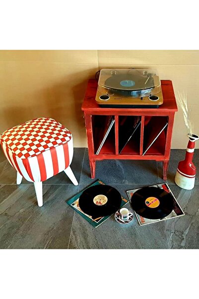 Le Atölye Nostaljik Ahşap Plak Çalar Sehpası Kırmızı