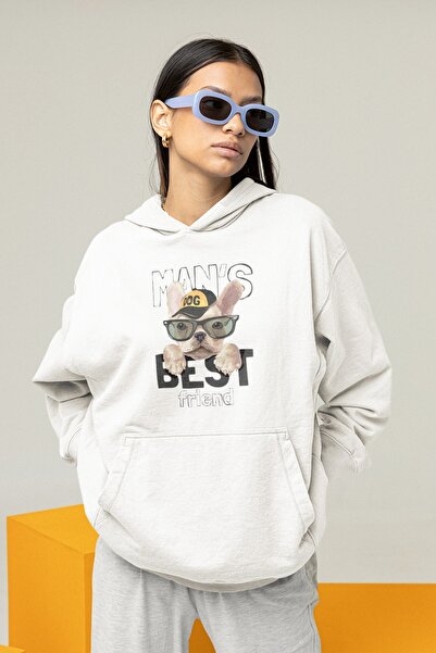 Serbella French Bulldog Best Friends Printed Oversize White Hooded Sweatshirt