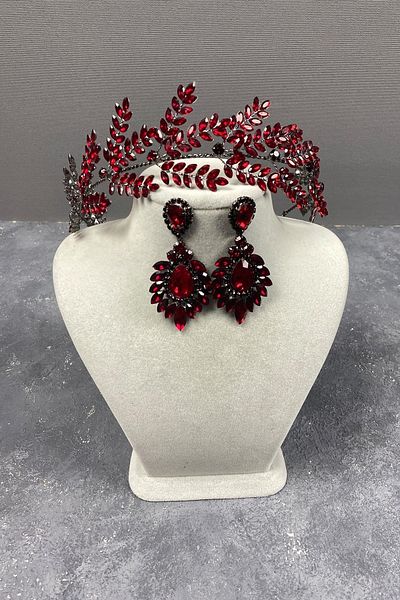 Hobigram Burgundy Bilana Leaf Branch Band Accesoriu pentru păr Henna de mireasă Set de cercei cu pietre – Coroană – Tiara