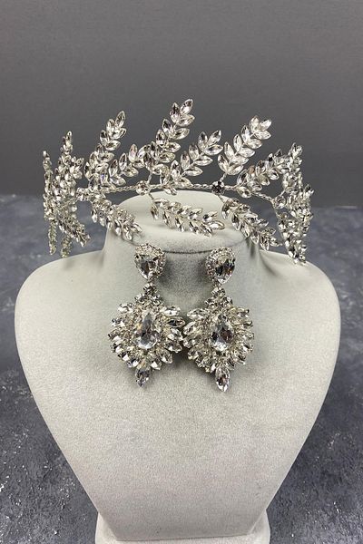 Hobigram Culoarea argintie Bilana Leaf Branch Band Accesoriu pentru păr Henna de mireasă Set de cercei cu pietre – Coroană – Tiara