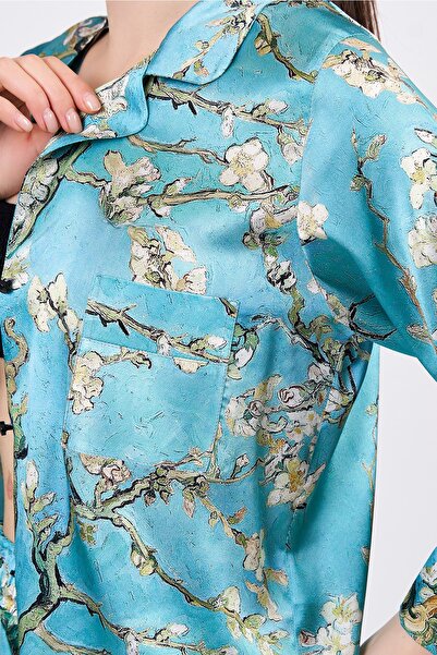 Nomads Felt Pure Silk Shirt-Pants Set/Pajama Set| Turquoise Van Gogh Almond Tree| Nomads Felt