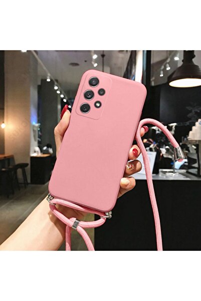 Compatible With Galaxy A73 Drawstring Neck Strap Silicone Case Velvet Inner Epiphany Case Pink