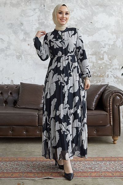 InStyle Elya Floral Collar Belted Chiffon Dress - Black