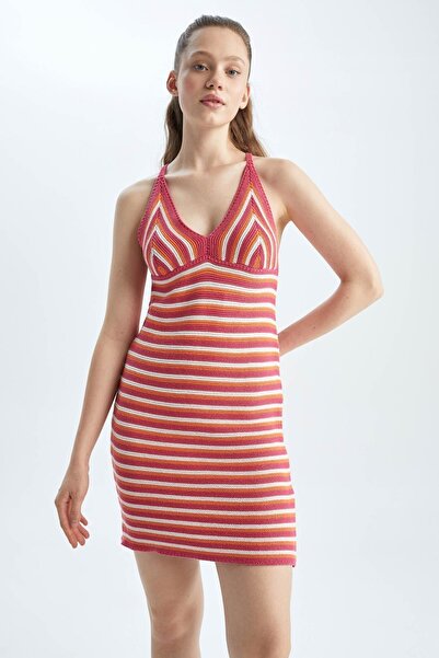 DeFacto Cool Cross Detailed Lanový popruh Pruhované pletené minišaty