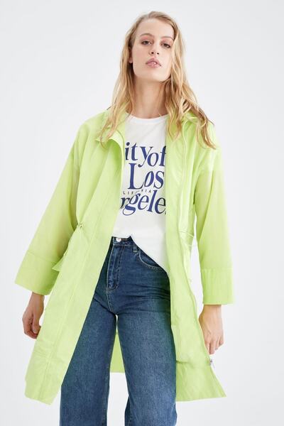 DeFacto Standard Fit Polo Neck Zippered Slim Seasonal Long Raincoat