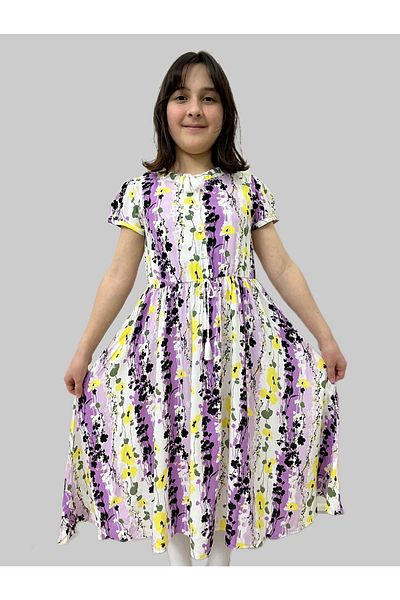Esterella Rochie pentru fete/Rochie evazată cu volan/Rochie cu model de flori din viscoză