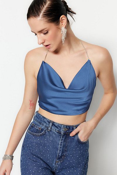 Trendyol Collection Indigo Stone Strap Detailed Satin Bustier TPRSS22BS0020