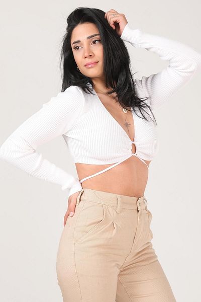 Giyim Dünyası Women's Front Lace Crop Knitwear Cardigan Ecru