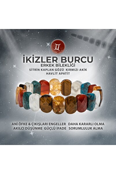 Deniz Doğal Taş Sertifikalı Ikizler Burcu Doğal Taş Geniş Kesim Erkek Bileklik