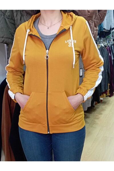 NUR TEKSTİL Kadın Hardal Önü Fermuarlı Pamuklu Penye Kapüşonlu Sweatshirt