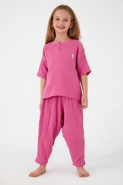 U.S. Polo Assn. U.s. Polo Assn Thin Strip Fuchsia Girl's Short Sleeve Pajama Set