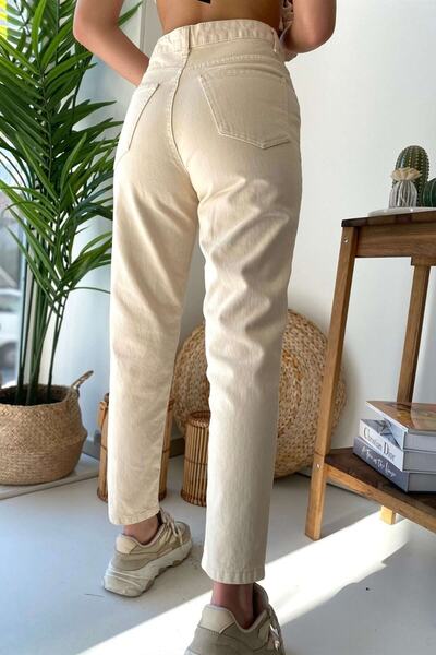 LİMABEL Γυναικείο Ψηλόμεσο Εκρού Λύκρα Mom Jeans Ευέλικτο Τζιν Παντελόνι