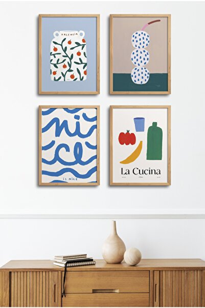 HOMEPACK Set de 4 tablouri cu rama din lemn natural D-012