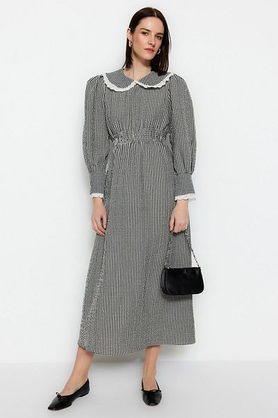 Trendyol Modest Rochie țesută cu detaliu Gingham din țesătură neagră pentru guler pentru bebeluși în talie TCTSS23EB00282