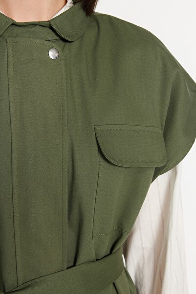 Trendyol Modest Khaki Belted Wide Shoulder Oversize Woven Vest Tctss23Yl00049