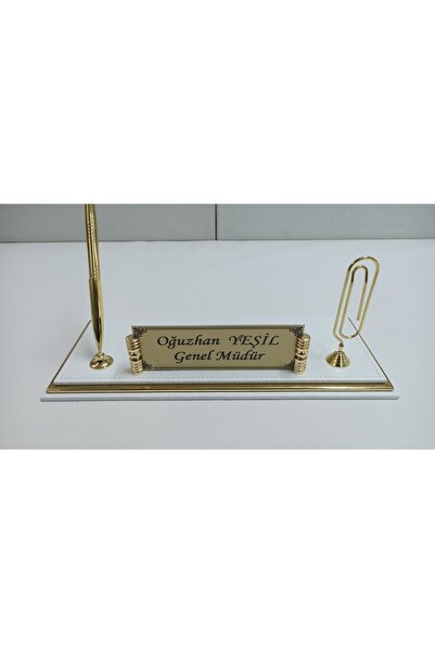 Yeşilsümen Beyaz Ve Gold Deriden Oluşan Lüks Tasarım Masaüstü Isimlikli Set