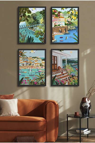 HOMEPACK Set de 4 tablouri cu cadru negru D-025