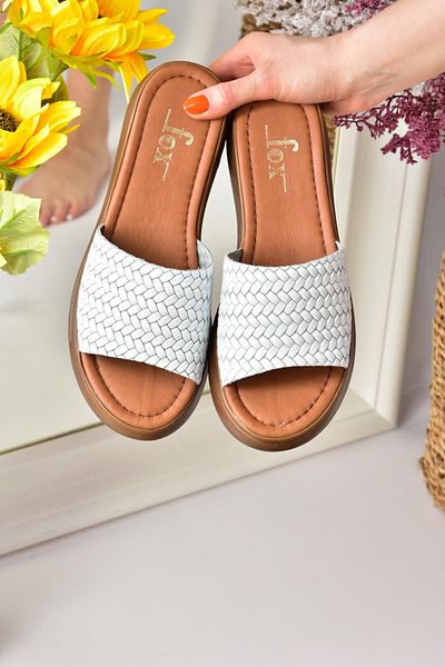 Fox Shoes Papuci alb din piele naturală, tricotată cu bandă groase, model Daily, pentru femei M291850003