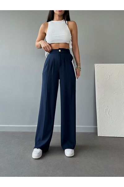 LB Laluna Butik Γυναικείο φαρδύ παντελόνι Palazzo Cut με διπλό πλισέ πίσω με χρυσά κουμπιά