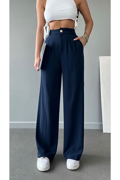 LB Laluna Butik Γυναικείο φαρδύ παντελόνι Palazzo Cut με διπλό πλισέ πίσω με χρυσά κουμπιά