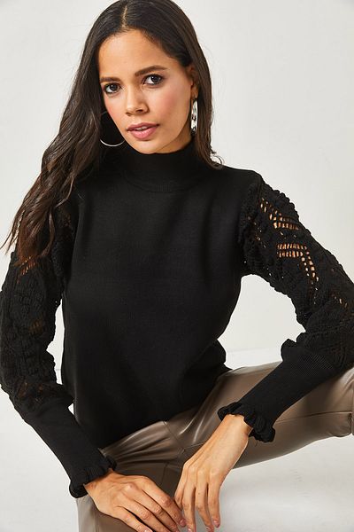 Olalook Pulover tricot pe jumătate pescar cu mânecă neagră pentru femei KZK-19000600