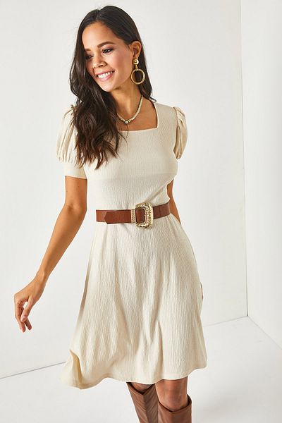 Olalook Women's Stone Balloon Sleeve Square Collar Flared Dress ELB-19001843