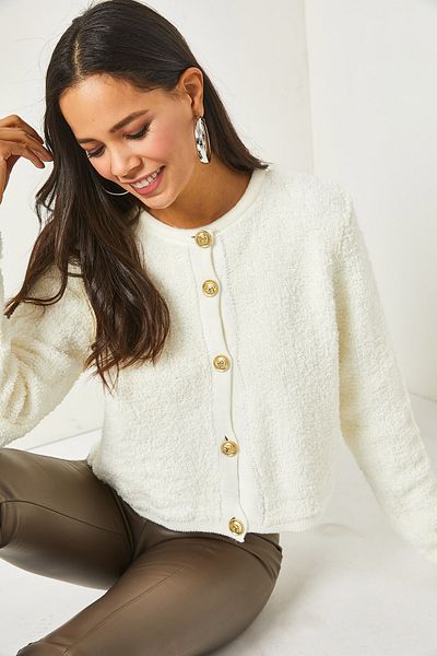 Olalook Women's Ecru Teddy Buttoned Crop Knitwear Cardigan HRK-19000210