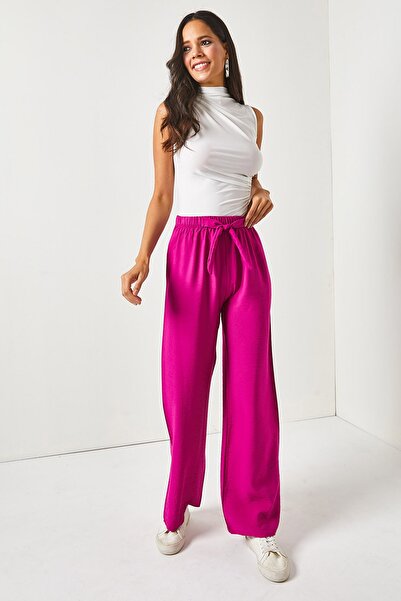 Olalook Kadın Fuşya Kuşaklı Beli Lastikli Palazzo Ayrobin Pantolon PNT-19000200
