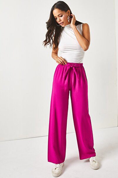Olalook Kadın Fuşya Kuşaklı Beli Lastikli Palazzo Ayrobin Pantolon PNT-19000200