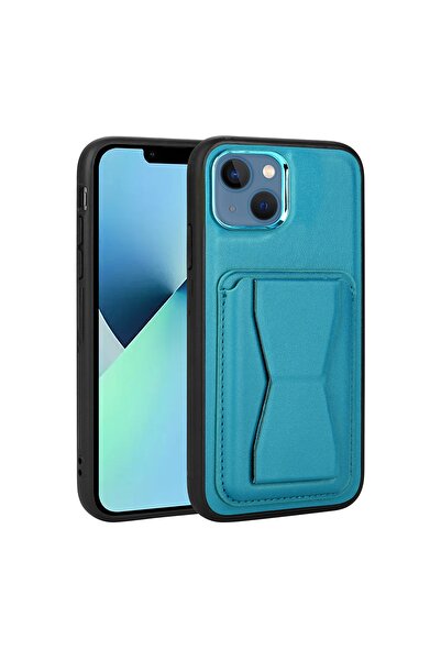 Nezih Case Apple Iphone 13 Uyumlu Standlı Kartlıklı Pu Deri Şık Kapak Kılıf Mavi