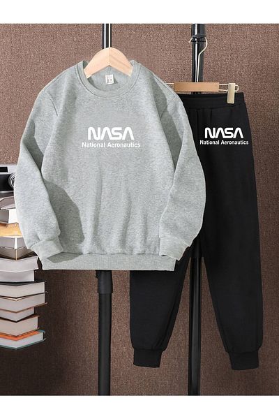 LePold 3 Thread Top Gray Bottom Black Printed Girls/Boys Oversize Sweatsihrt & Tracksuit Set
