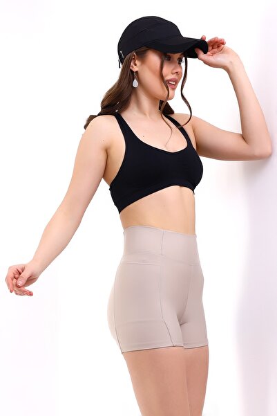 winmoda Kadın Cepli Tayt Şort Bej Rengi Korse Kumaş Sıkılaştırıcı Şort Tayt /sports Tıghts Shorts
