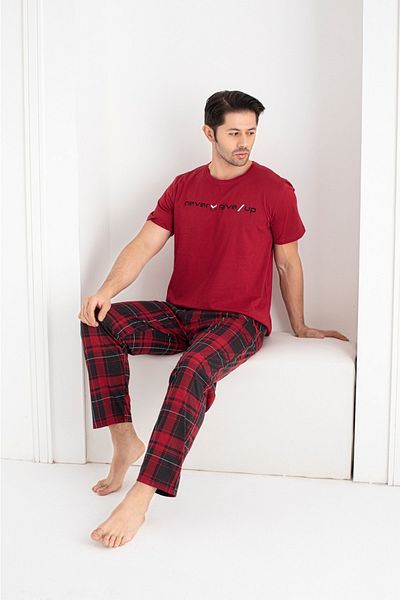 BERİN HOMEWEAR Men's Cotton Plaid Short Sleeve Pajama Set