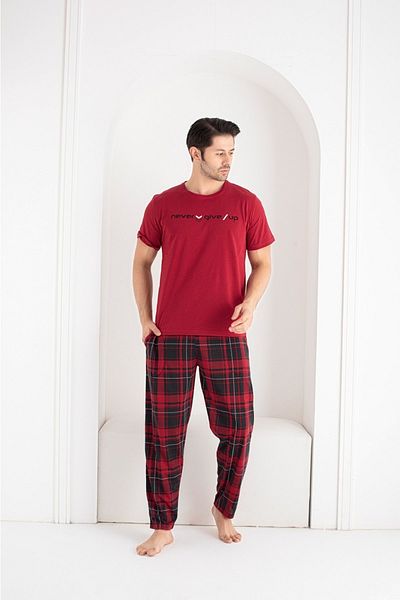 BERİN HOMEWEAR Men's Cotton Plaid Short Sleeve Pajama Set