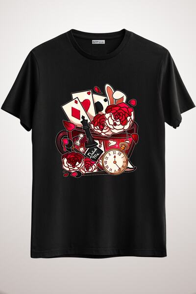 GreenMint تي شيرت عادي للجنسين أليس في بلاد العجائب مرسومة بالورود كلاسيك