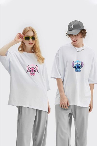 Joza Outdoors Lilo And Angel Stitch Σετ μπλουζάκι με στάμπα Lover Couple Combination Oversize Σετ 2 τεμαχίων