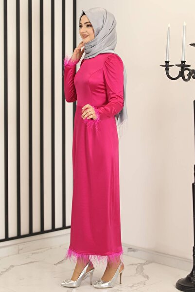 Fashion Showcase Λεπτομέρεια με πούπουλα Σατέν Μολύβι Βραδινό Φόρεμα Φούξια - Σχέδιο - Fsc3016