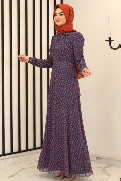 Fashion Showcase Baklava Pattern Chiffon Dress Blue