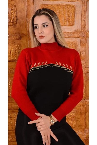 gürbey giyim Women's Red Black Embroidered Knitwear Sweater